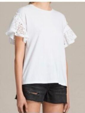 AllSaints Trixi eyelet ruffle short sleeve top.